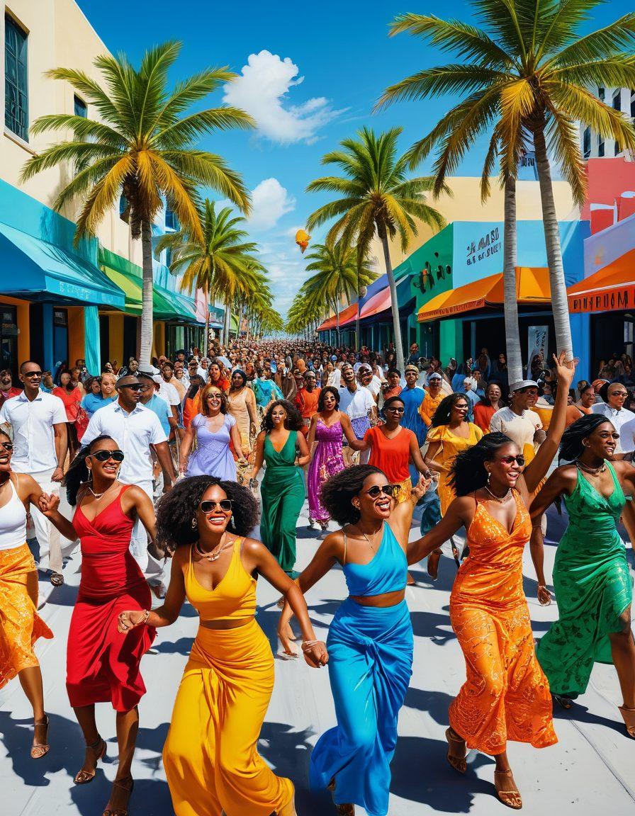 A lively street scene in Miami showcasing diverse adults engaging in cultural celebrations, with vibrant murals and street art in the background. Include a mix of people of different ethnicities, dressed in colorful attire, participating in dance and music performances. The atmosphere should exude inclusivity and empowerment, with palm trees and bright sunlight illuminating the scene. vector art. vibrant colors. white background.
