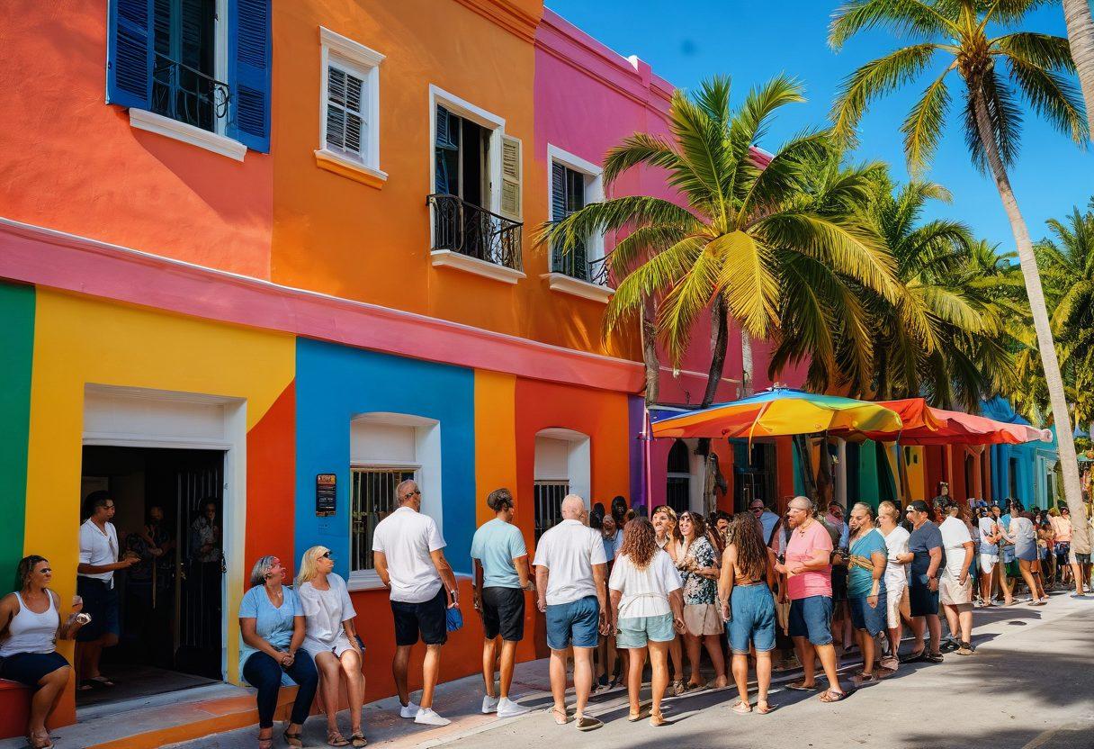 A vibrant scene showcasing a diverse group of adults of various backgrounds gathering in a lively Miami setting, with colorful murals and palm trees in the background. The people are engaged in conversation and laughter, representing inclusivity and celebration. Incorporate elements like rainbow flags and art installations that symbolize unity. Capture the warmth of a sunset illuminating the scene. super-realistic. vibrant colors. 3D.