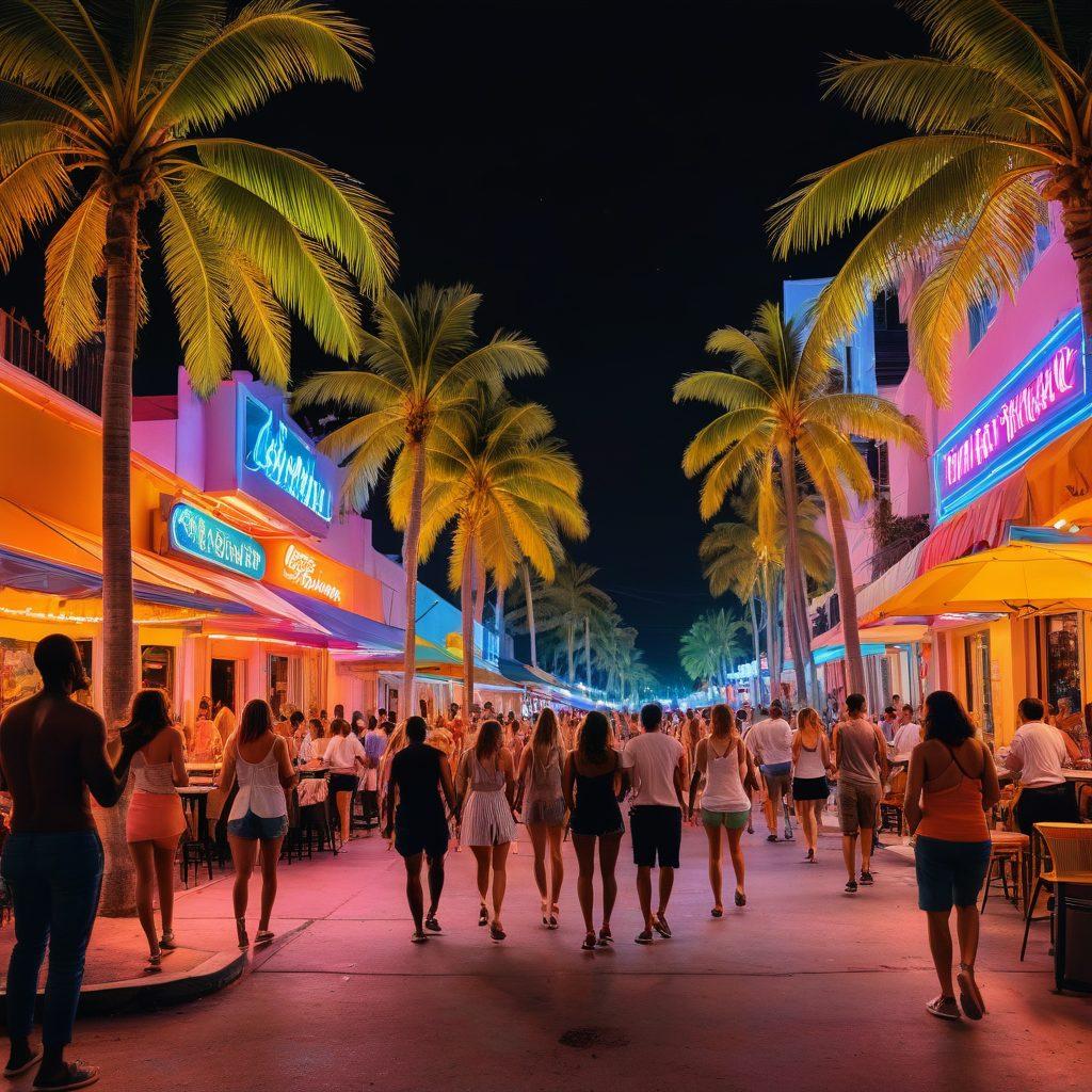 A lively Miami street scene showcasing diverse individuals enjoying life, with colorful nightlife, palm trees, and neon lights. Include people engaged in dance, enjoying outdoor cafes, and vibrant entertainment options, reflecting the themes of empowerment and pleasure. Captivate the essence of Miami's energetic adult lifestyle through bright colors and dynamic movement. super-realistic. vibrant colors. 3D.